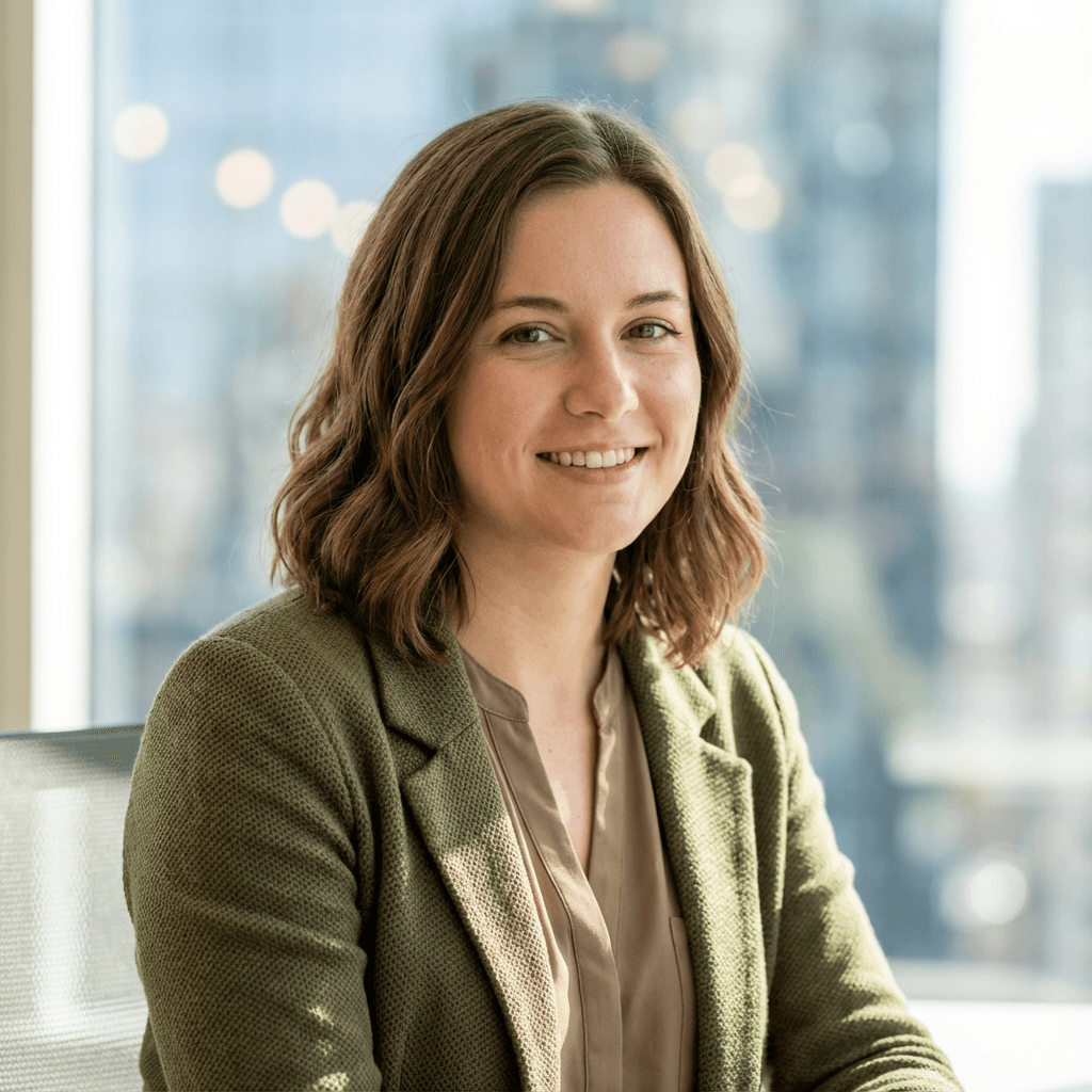 Portrait of a female data analyst on the ValiCloud team, in a modern office environment