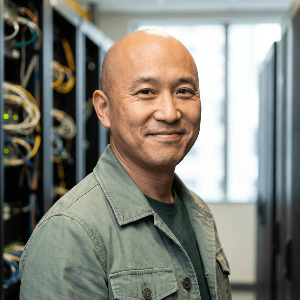 Portrait of a male security specialist on the ValiCloud team, in a professional corporate setting
