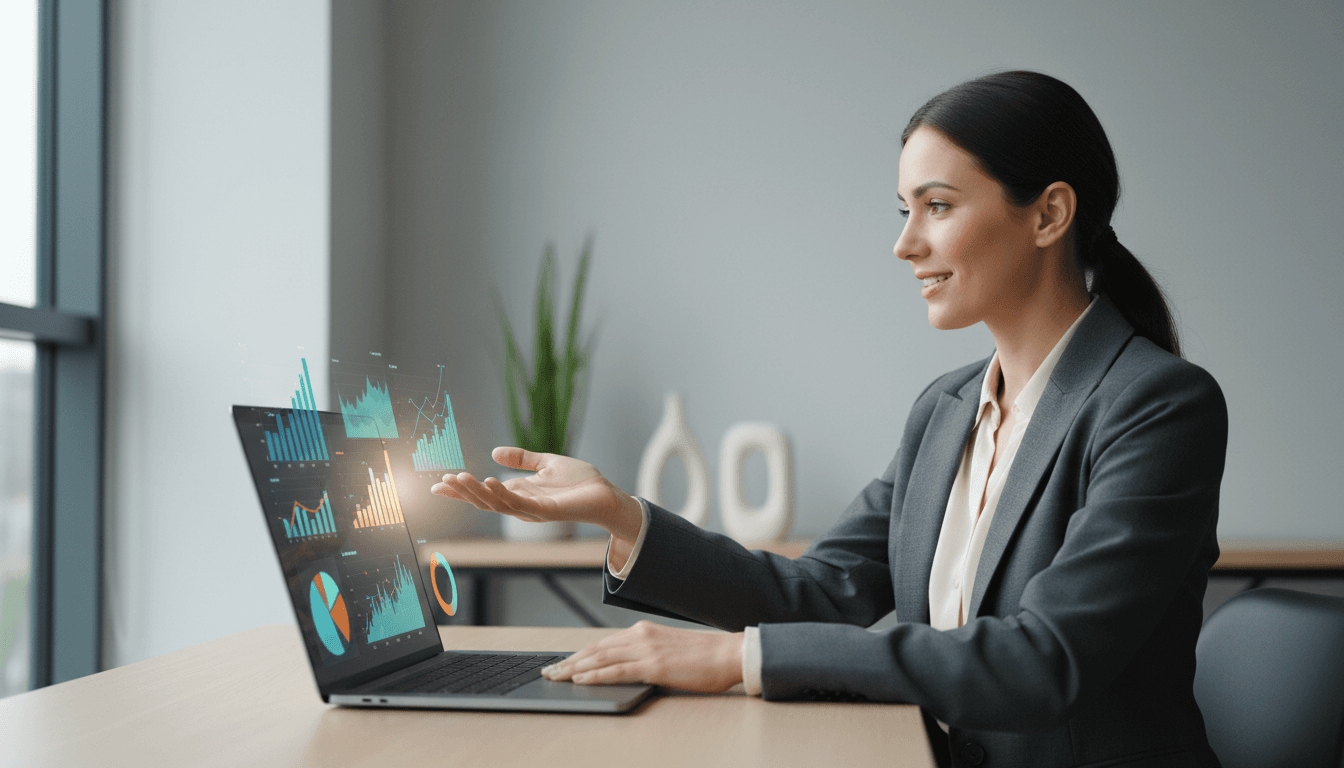 Business professional analyzing dashboard data in a modern office