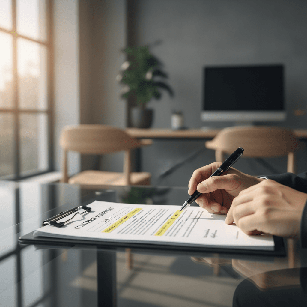 Legal documents with highlighted text on a desk in a modern office